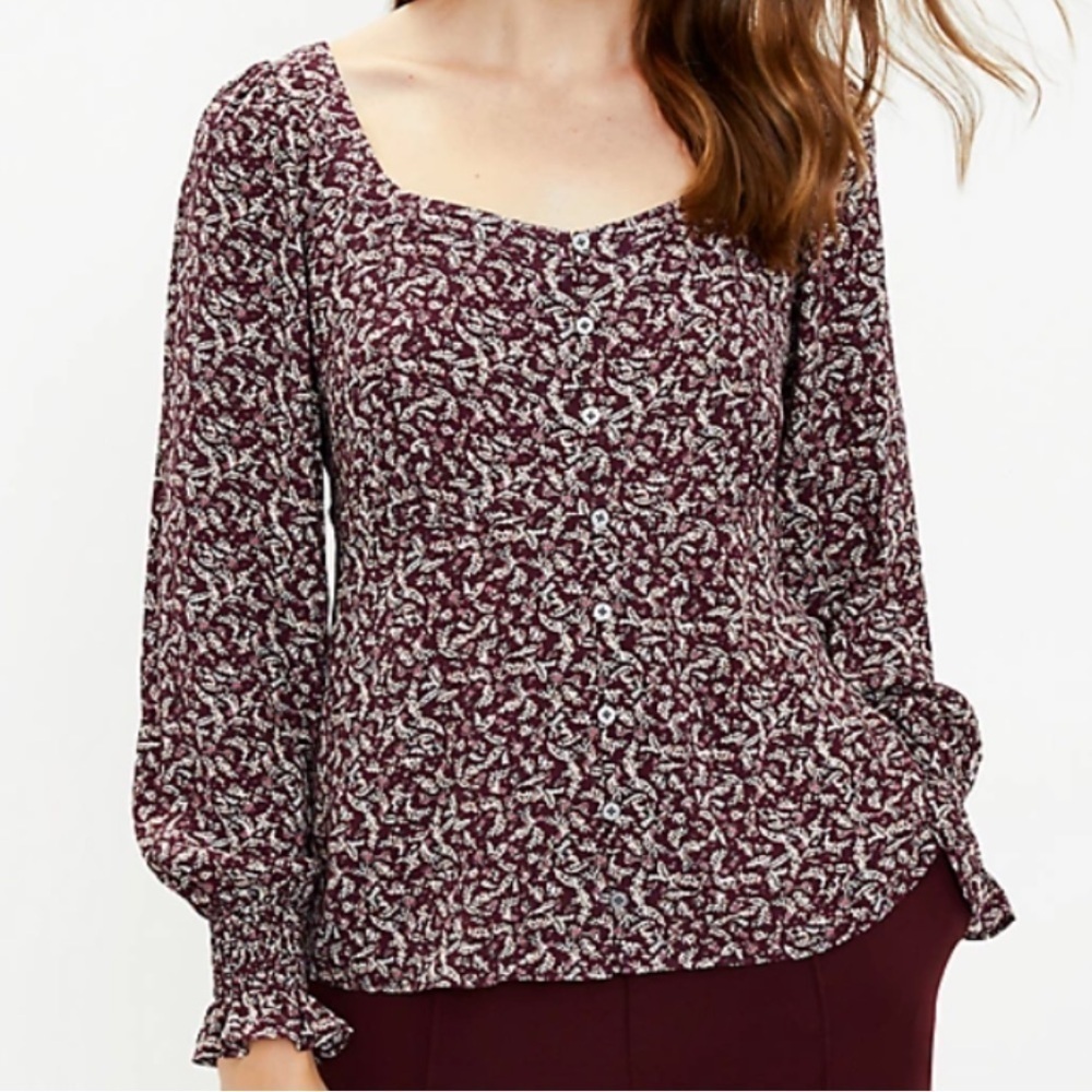 LOFT Women's Floral Button-Front Blouse Size S square neck smocked sleeve